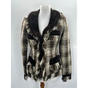 Vtg Cache Brown Cream Plaid Tweed Fur Fringe Velvet Trim Blazer Jacket Size 4